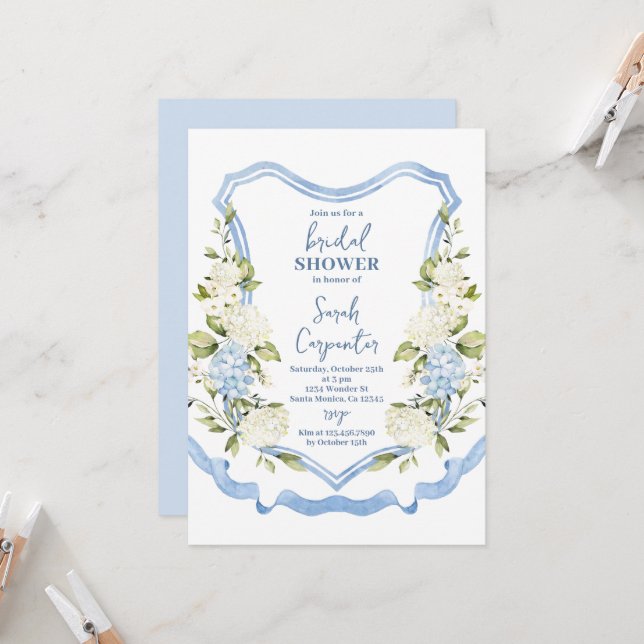 Dusty Blue Floral Crest Bridal Shower Invitation (Front/Back In Situ)