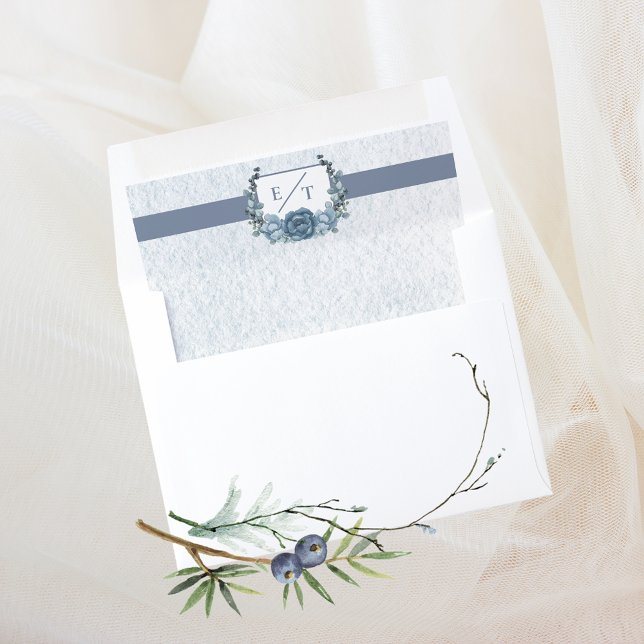 Dusty Blue Floral Crest Monogram Envelope Liner (Creator Uploaded)