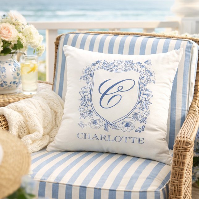 Dusty Blue Floral Crest Monogram Name Throw Pillow (Creator Uploaded)