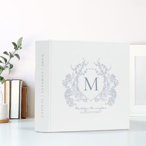 Dusty Blue Floral Crest Monogram Office School 3 Ring Binder