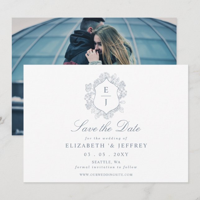 Dusty Blue Floral Crest Monogram Photo Save The Date (Front/Back)