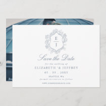 Dusty Blue Floral Crest Monogram Photo Save The Date