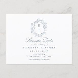 Dusty Blue Floral Crest Monogram Save the Date Announcement Postcard