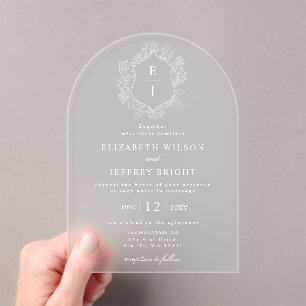 Dusty Blue Floral Crest Monogram Wedding Acrylic Invitations