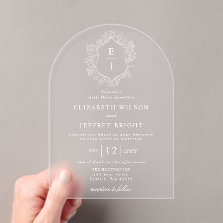 Dusty Blue Floral Crest Monogram Wedding Acrylic Invitations