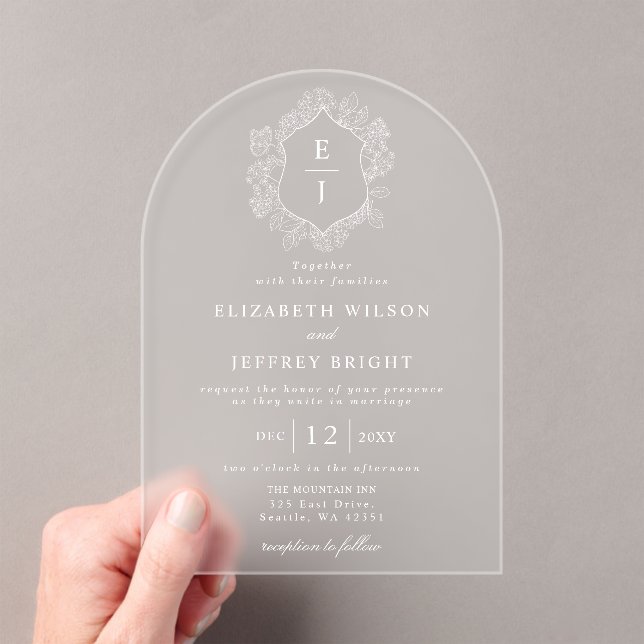 Dusty Blue Floral Crest Monogram Wedding Acrylic Invitations (Insitu (Handheld))