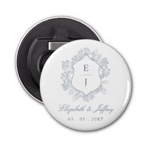 Dusty Blue Floral Crest Monogram Wedding Bottle Opener