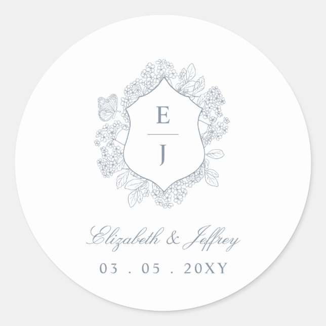 Dusty Blue Floral Crest Monogram Wedding Classic Round Sticker (Front)