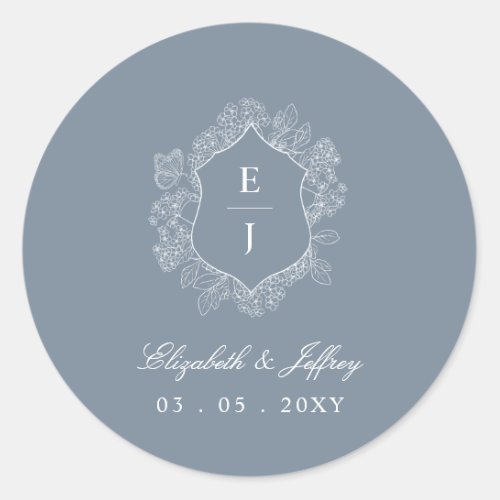 Dusty Blue Floral Crest Monogram Wedding Classic Round Sticker