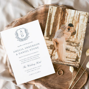 Dusty Blue Floral Crest Monogram Wedding Elegant Invitation