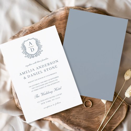 Dusty Blue Floral Crest Monogram Wedding Elegant Invitation