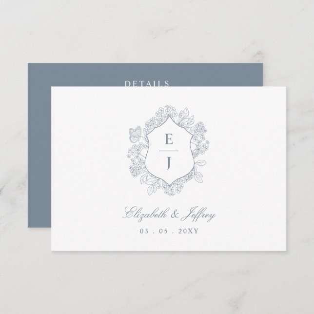 Dusty Blue Floral Crest Monogram Wedding Enclosure Card (Front/Back)