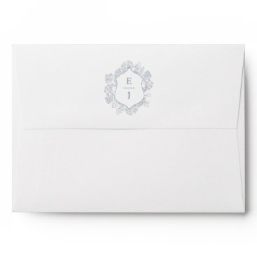 Dusty Blue Floral Crest Monogram Wedding Envelope