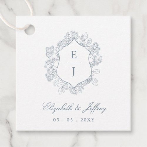 Dusty Blue Floral Crest Monogram Wedding Favor Tags