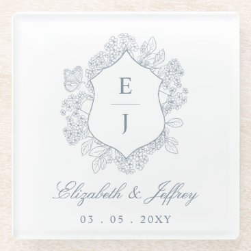 Dusty Blue Floral Crest Monogram Wedding Glass Coaster