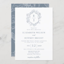 Dusty Blue Floral Crest Monogram Wedding Invitation