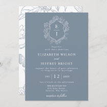 Dusty Blue Floral Crest Monogram Wedding Invitation