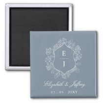 Dusty Blue Floral Crest Monogram Wedding Magnet