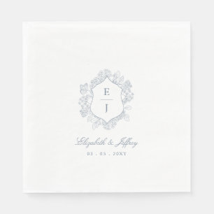 Dusty Blue Floral Crest Monogram Wedding Napkins