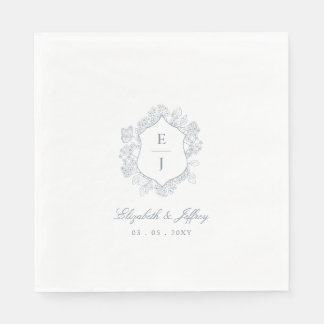 Dusty Blue Floral Crest Monogram Wedding Napkins