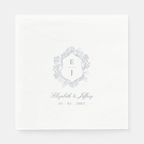 Dusty Blue Floral Crest Monogram Wedding Napkins