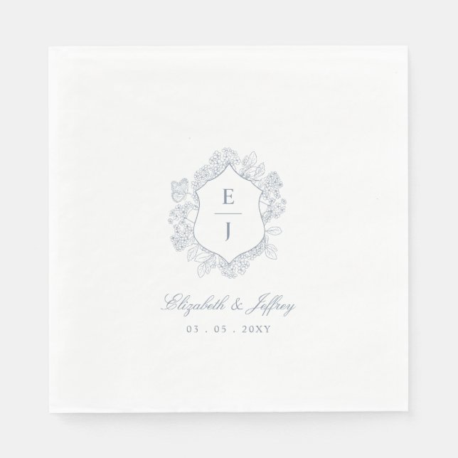 Dusty Blue Floral Crest Monogram Wedding Napkins (Front)