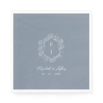 Dusty Blue Floral Crest Monogram Wedding Napkins