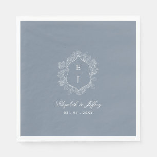 Dusty Blue Floral Crest Monogram Wedding Napkins