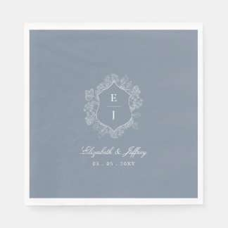 Dusty Blue Floral Crest Monogram Wedding Napkins