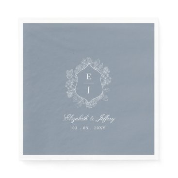 Dusty Blue Floral Crest Monogram Wedding Napkins