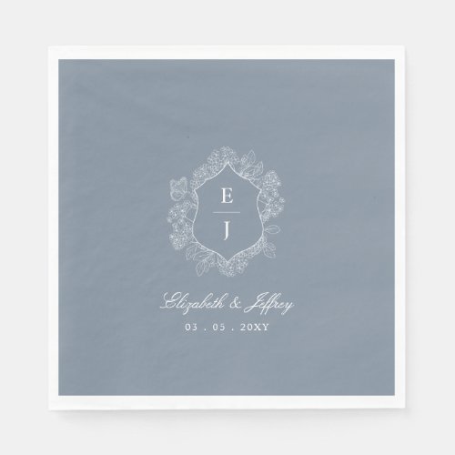 Dusty Blue Floral Crest Monogram Wedding Napkins