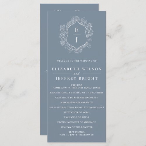 Dusty Blue Floral Crest Monogram Wedding Program