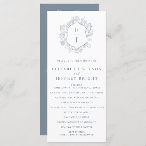 Dusty Blue Floral Crest Monogram Wedding Program