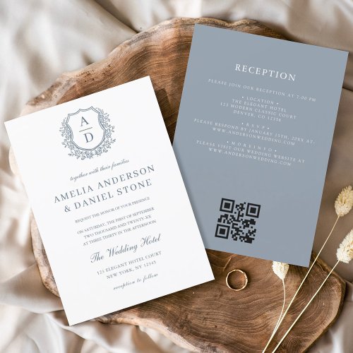 Dusty Blue Floral Crest Monogram Wedding QR Code Invitation