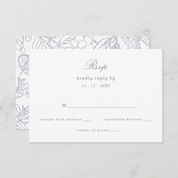 Dusty Blue Floral Crest Monogram Wedding RSVP Card