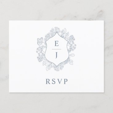 Dusty Blue Floral Crest Monogram Wedding RSVP Postcard