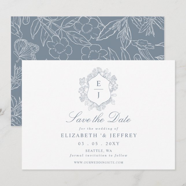 Dusty Blue Floral Crest Monogram Wedding Save The Date (Front/Back)