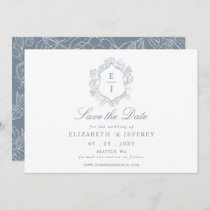 Dusty Blue Floral Crest Monogram Wedding Save The Date