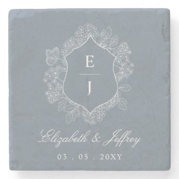 Dusty Blue Floral Crest Monogram Wedding Stone Coaster