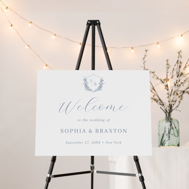Dusty Blue Floral Crest Monogram Wedding Welcome Foam Board (In Situ (Stand))