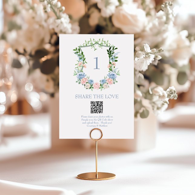 Dusty Blue Floral Crest QR Code Photo Sharing Table Number (Creator Uploaded)