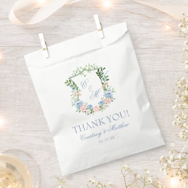 Dusty Blue Floral Crest Thank You Favor Bag (Clipped)