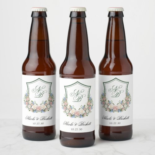 Dusty Blue Floral Crest Wedding Beer Bottle Label