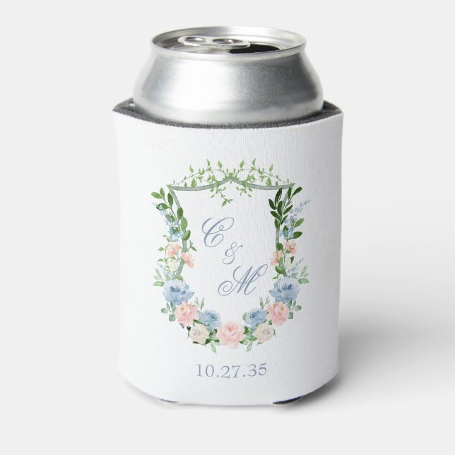 Dusty Blue Floral Crest Wedding Can Cooler (Can Back)
