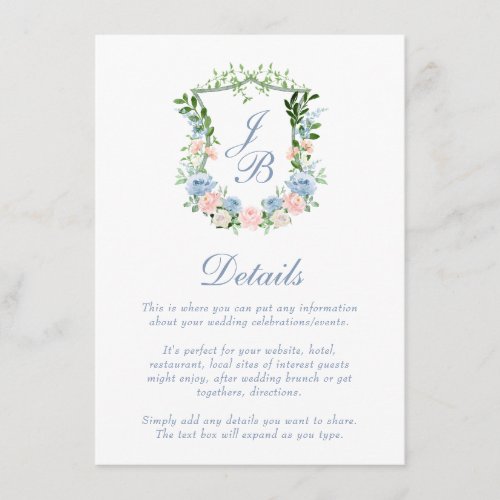 Dusty Blue Floral Crest Wedding Details Enclosure Card