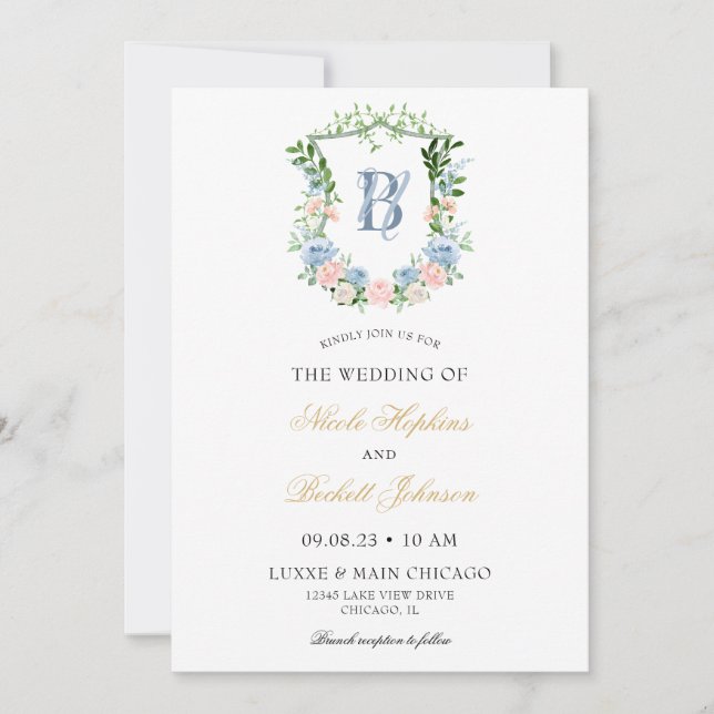 Dusty Blue Floral Crest Wedding Invitation (Front)