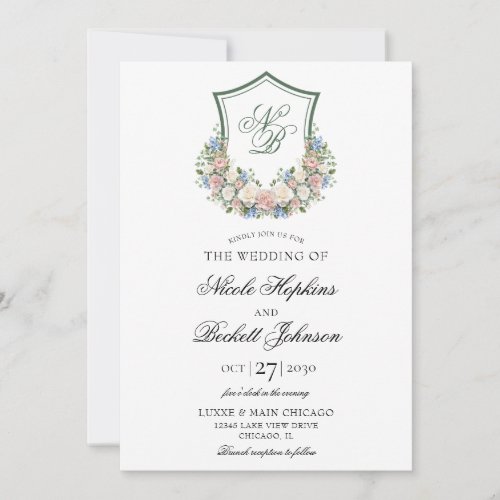 Dusty Blue Floral Crest Wedding Invitation