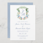 Light Powder Blue Romantic Monogram Crest Wedding Invitation