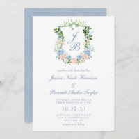 Dusty Blue Floral Crest Wedding Invitation
