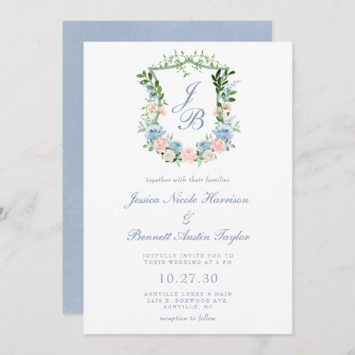 Dusty Blue Floral Crest Wedding Invitation